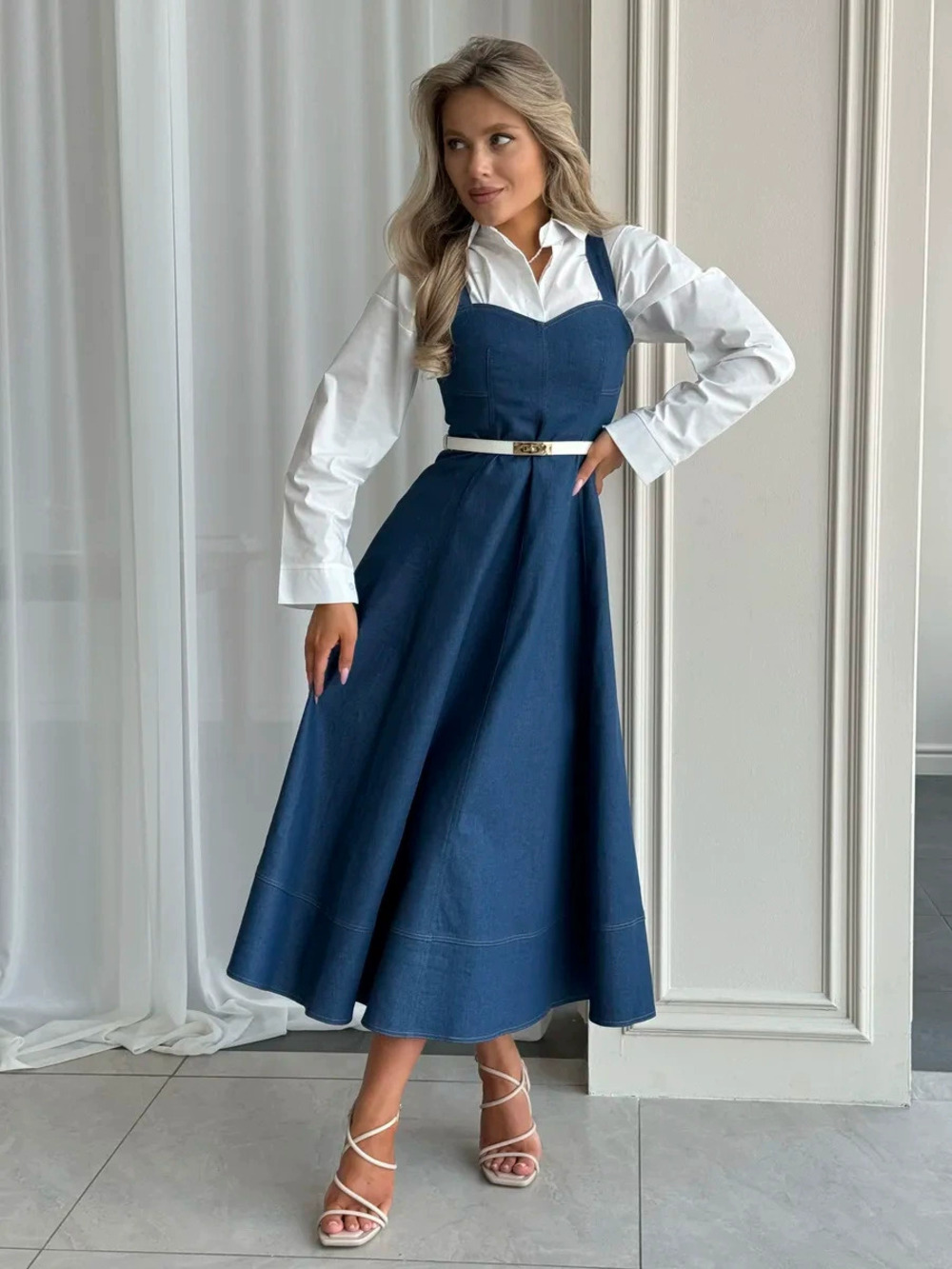 Zara Fall Blue Denim Distressed Strap Midi A-Line Skirt